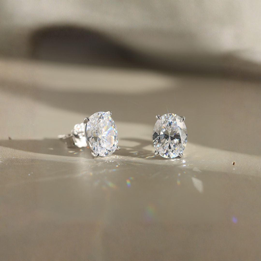 4ctw Oval-Cut Moissanite Stud Earrings | 2ct Each in Rhodium-Plated 925 Sterling Silver