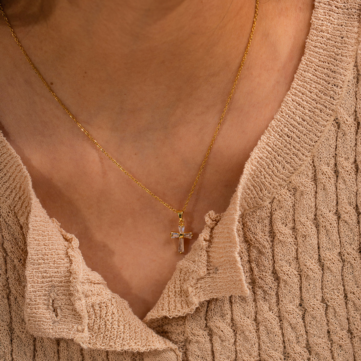 Cross – Clear CZ Necklace, 18K Gold Finish