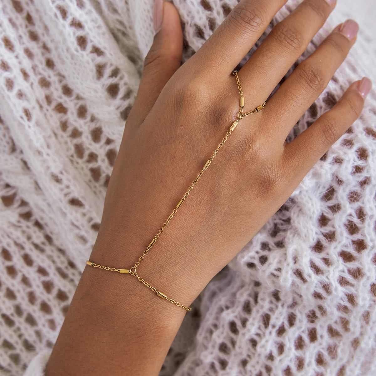 Celia – Three-Layer CZ Hand Chain Finger Bracelet, 18K Gold Finish