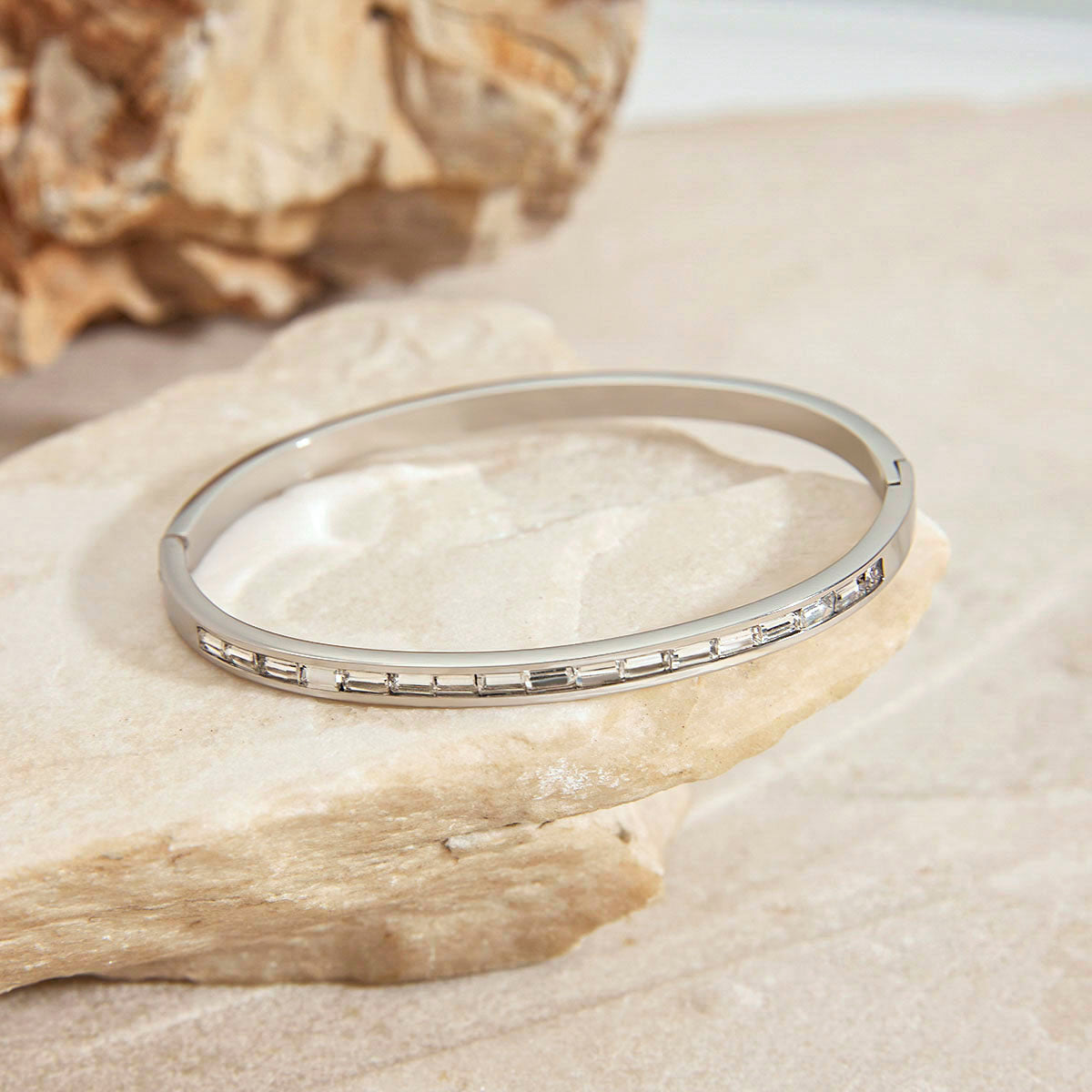 Cahira – White Square CZ Baguette Bangle, Silver Finish