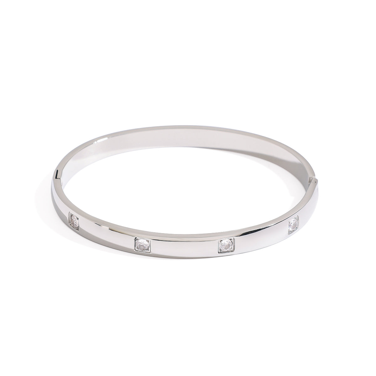 Ciera – White Round CZ Minimalist Bangle, Silver Finish