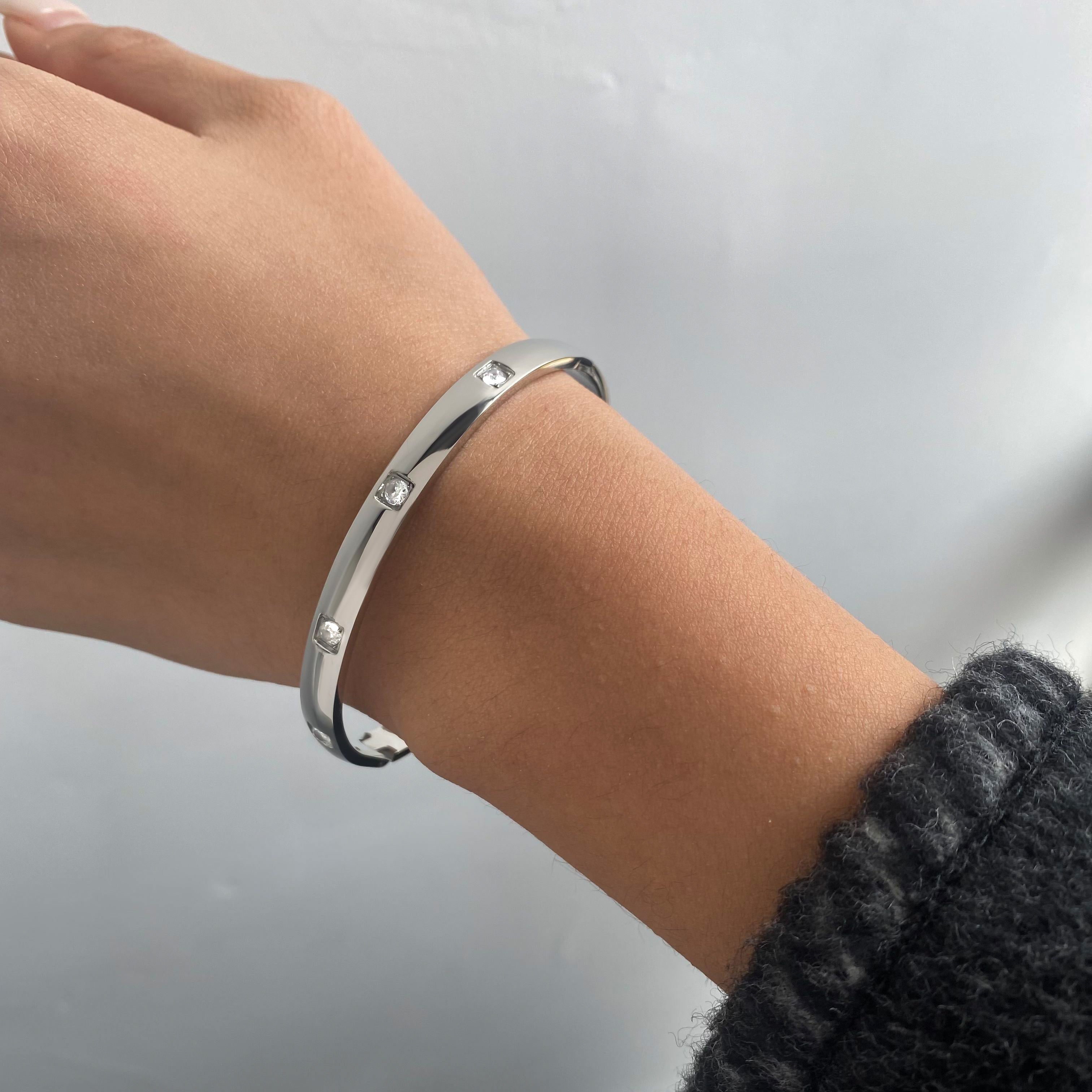 Ciera – White Round CZ Minimalist Bangle, Silver Finish