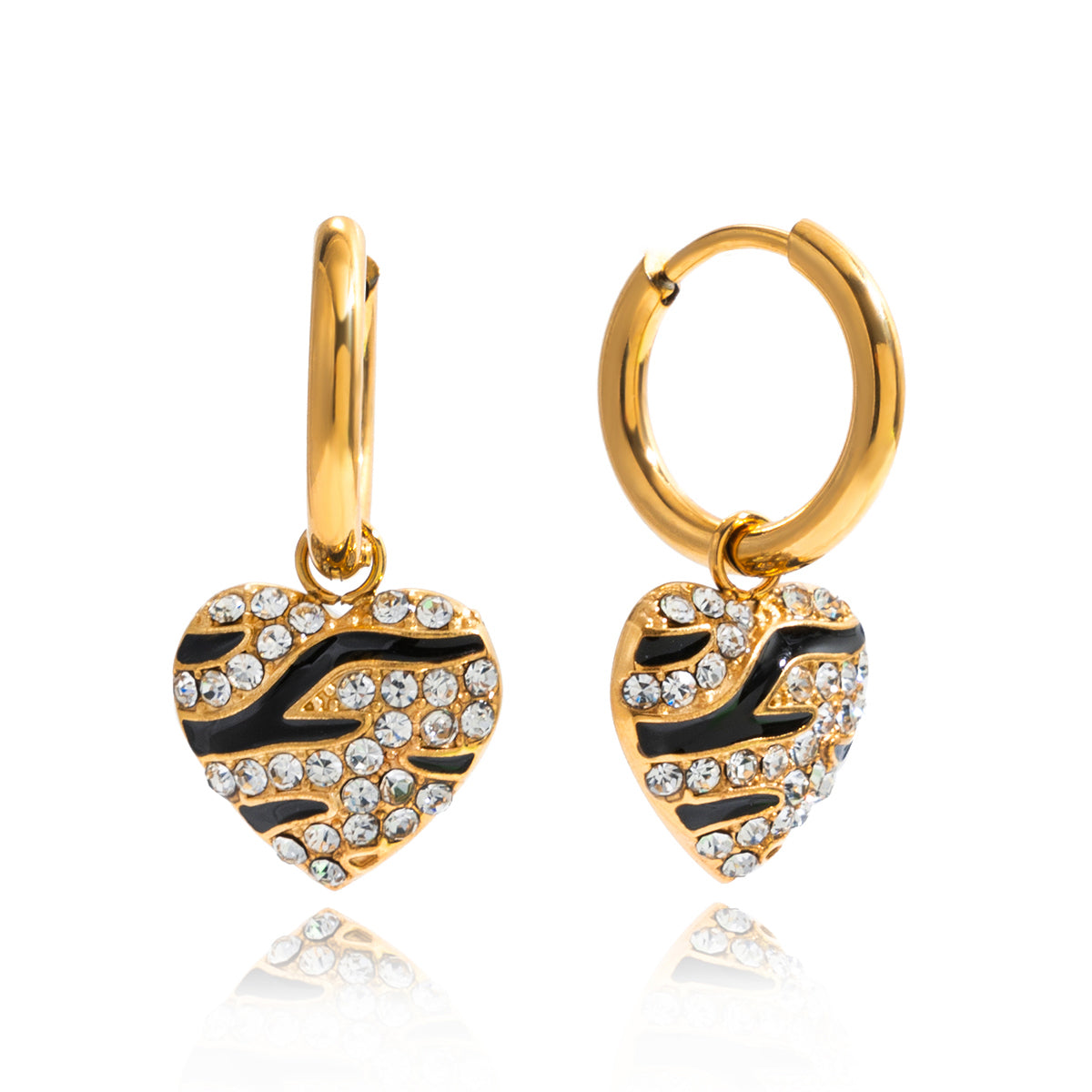 Cyria – White CZ & Black Enamel Zebra Pattern Earrings, 18K Gold Finish