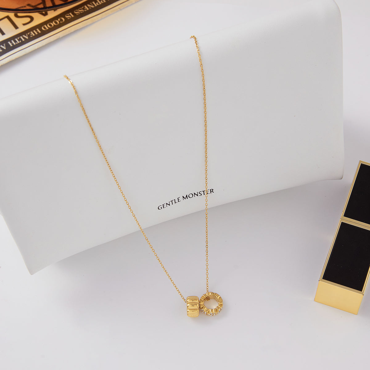 Cyara – Two-Bead CZ Charm Necklace, 18K Gold Finish