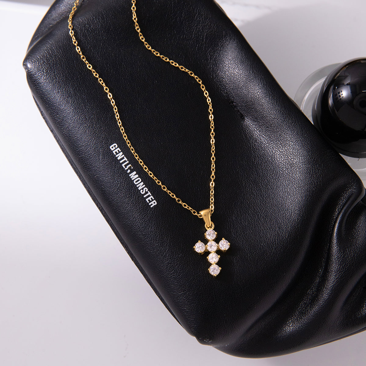 Celine – White CZ Cross Pendant Necklace, 18K Gold Finish