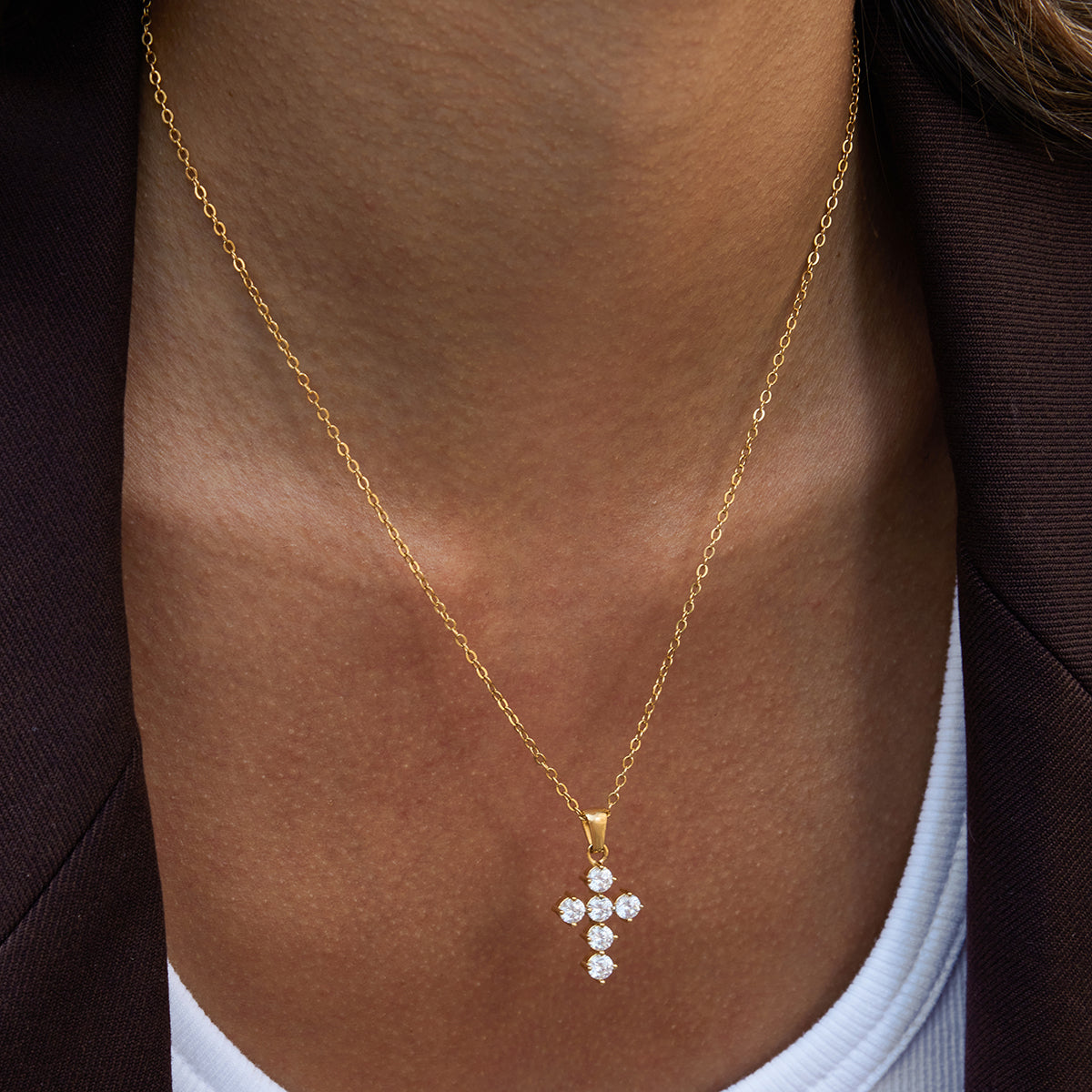 Celine – White CZ Cross Pendant Necklace, 18K Gold Finish