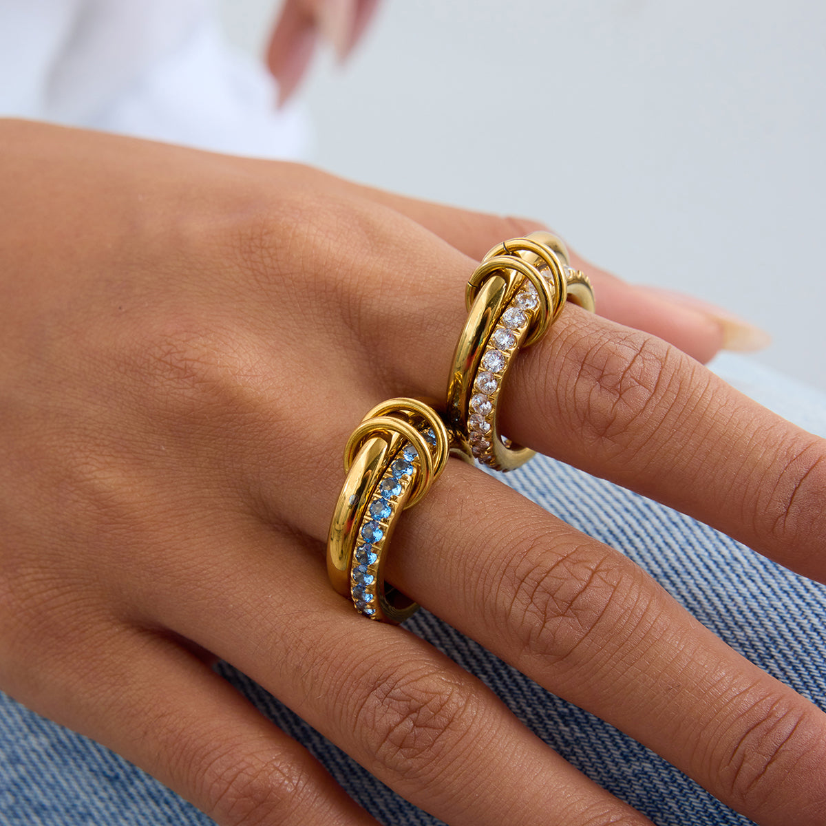 Corinna – Blue Round CZ Double-Layer Ring, 18K Gold Finish