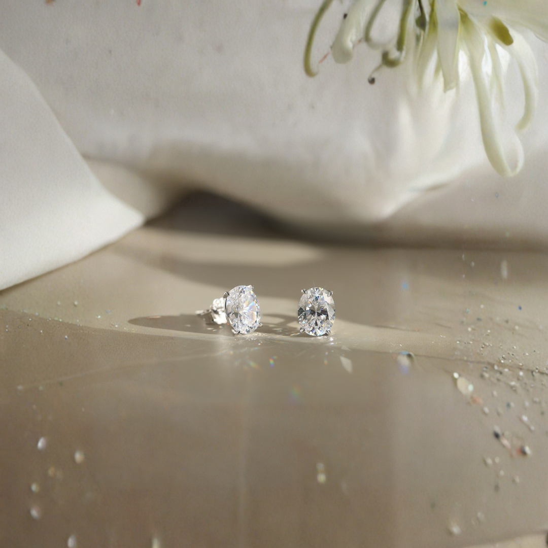 2ctw Oval-Cut Moissanite Stud Earrings | 1ct Each in Rhodium-Plated 925 Sterling Silver