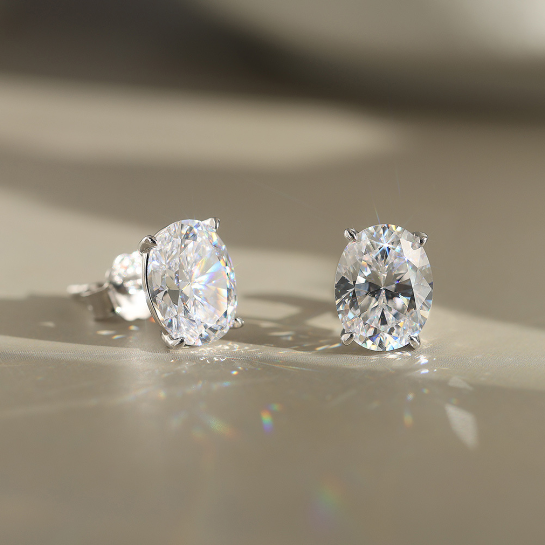 6ctw Oval-Cut Moissanite Stud Earrings | 3ct Each in Rhodium-Plated 925 Sterling Silver