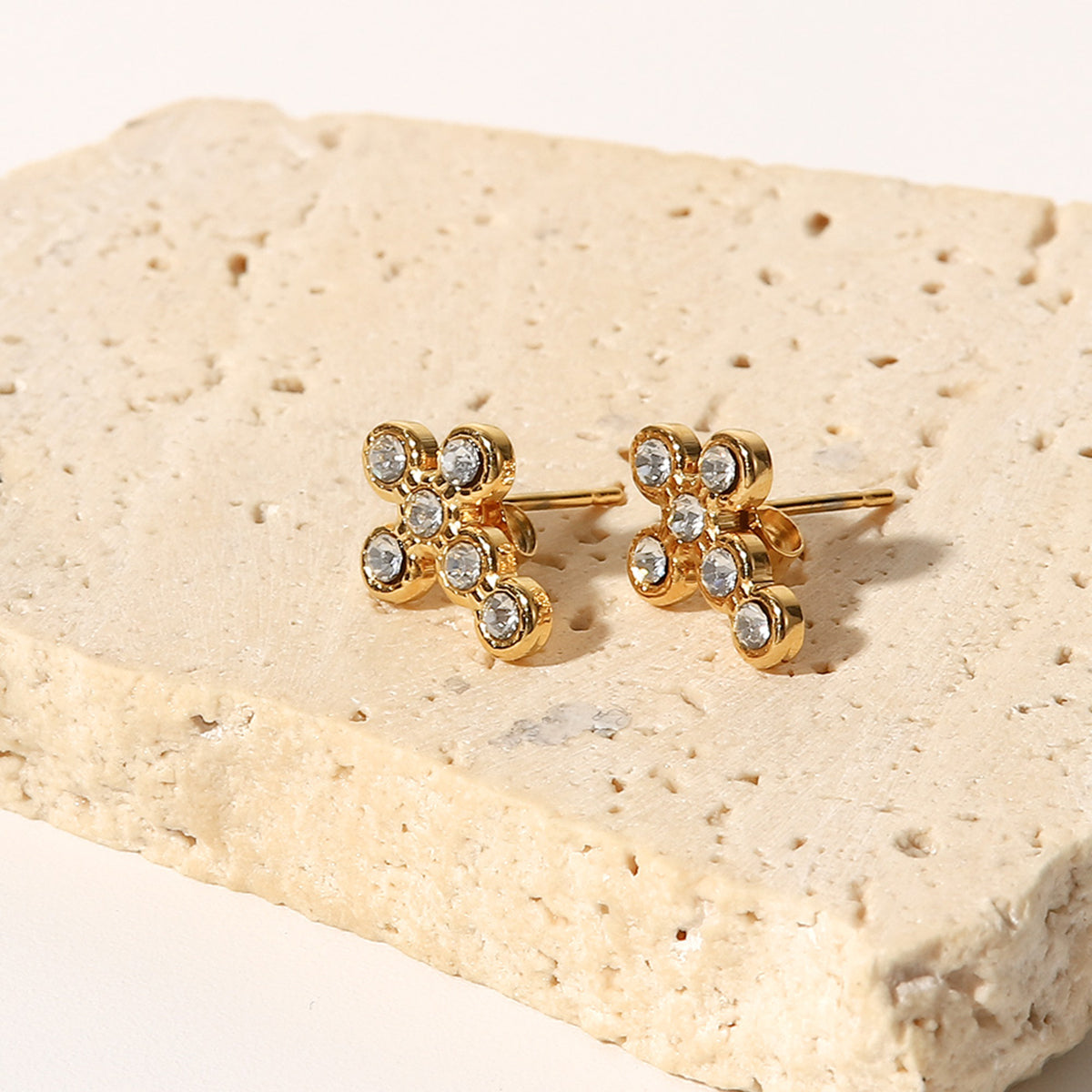 Catriona – White CZ Cross Stud Earrings, 18K Gold Finish