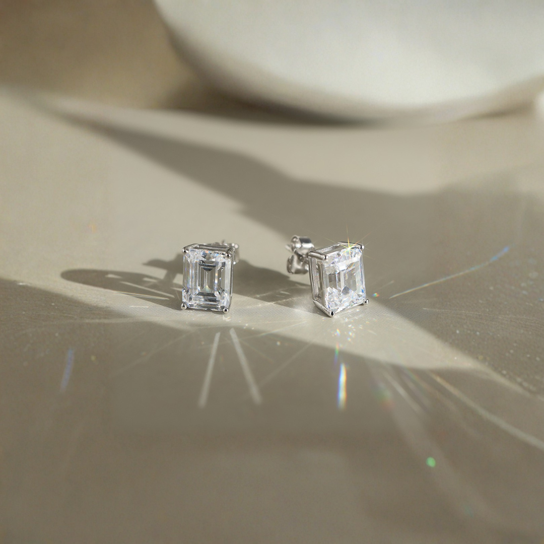 4ctw Emerald-Cut Moissanite Stud Earrings | 2ct Each in Rhodium-Plated 925 Sterling Silver
