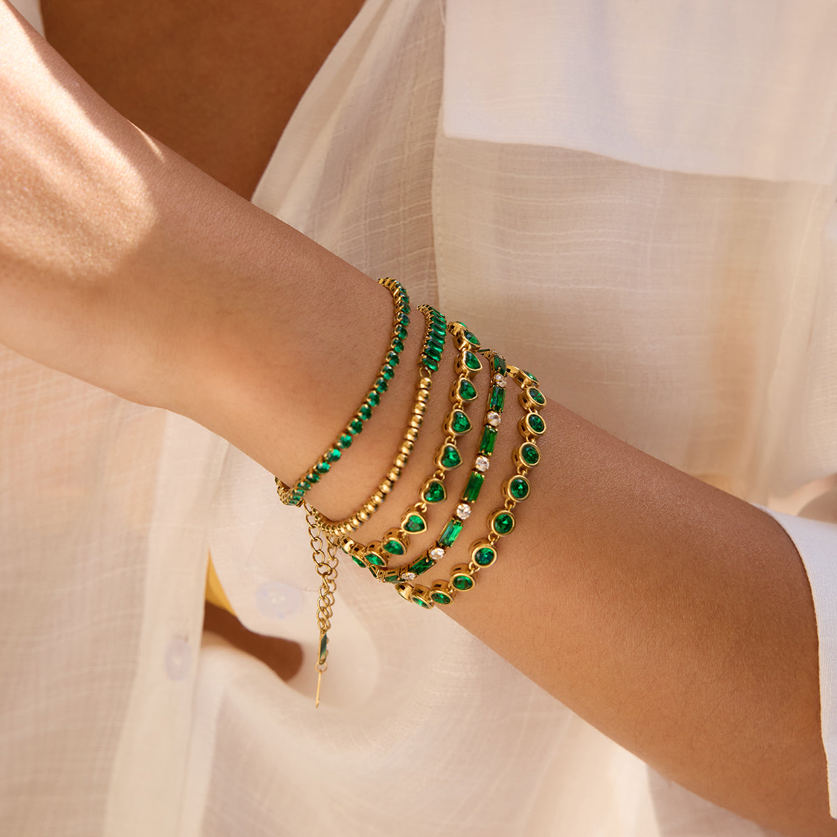 Calista – Green CZ Bezel Tennis Bracelet, 18K Gold Finish