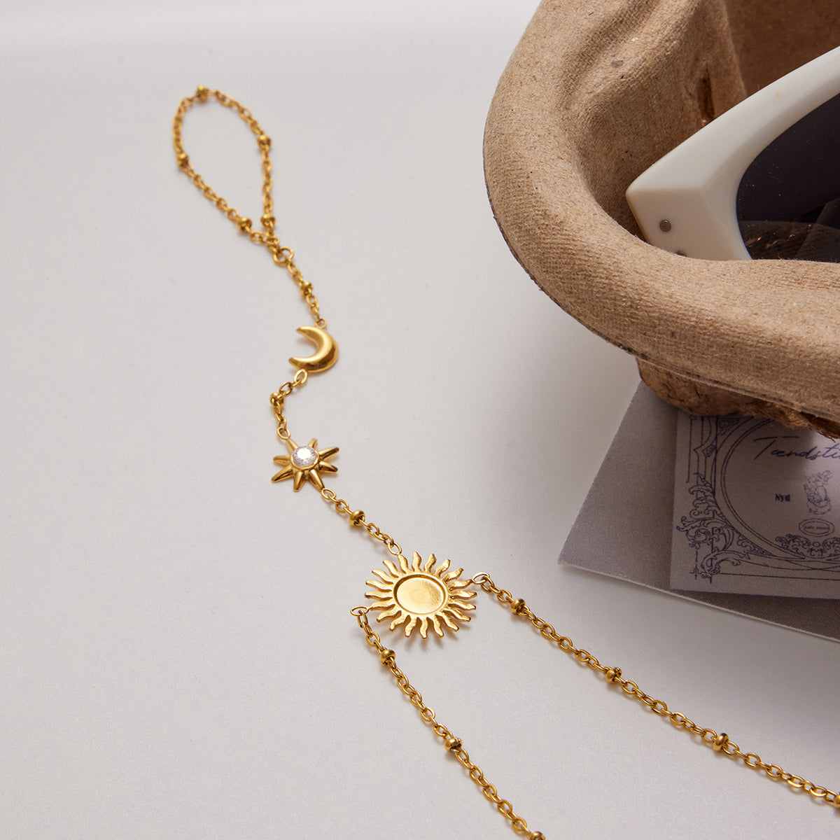 Celyra – Moon, Sun & Star CZ Hand & Finger Bracelet, 18K Gold Finish