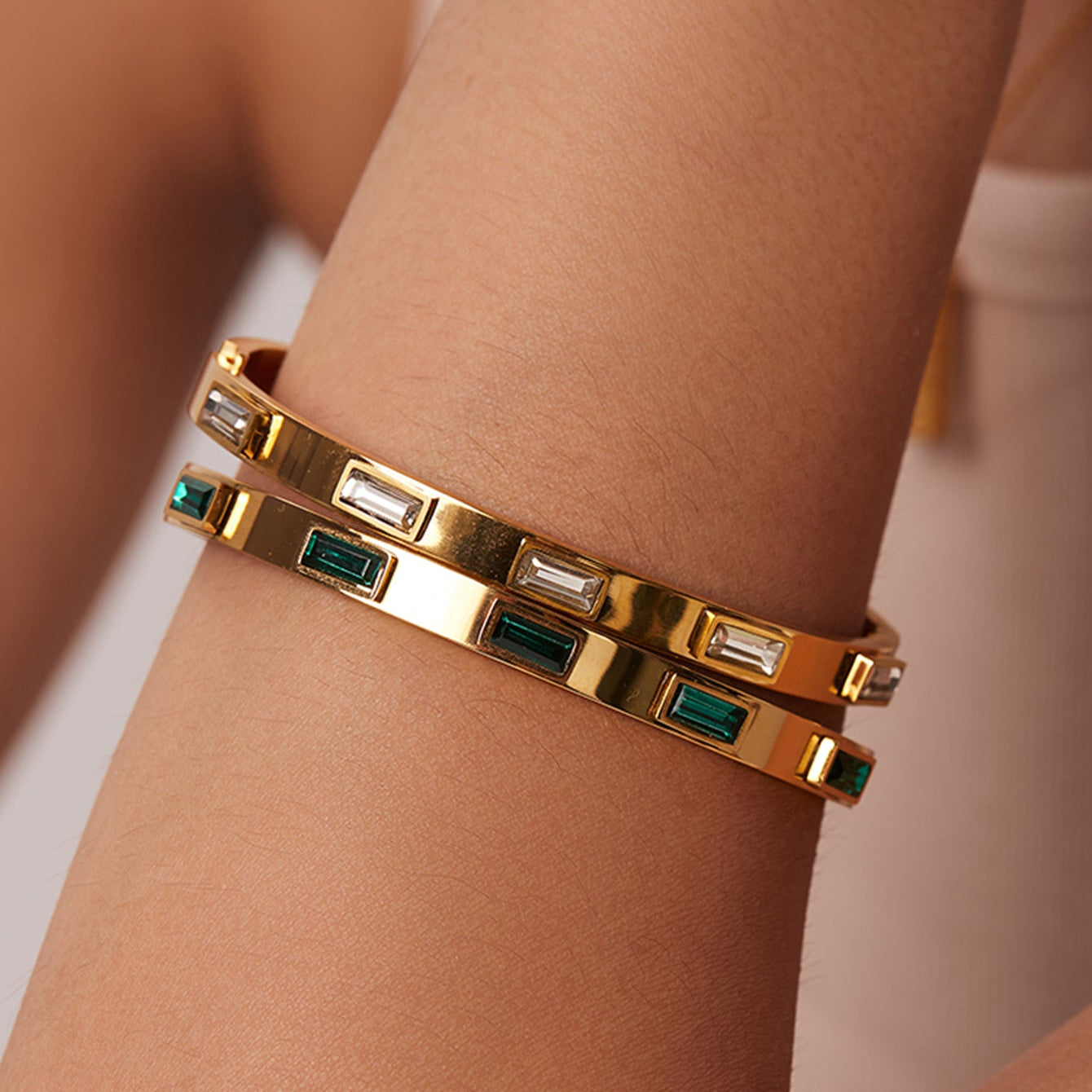 Cynthia – Green CZ Classic Bangle, 18K Gold Finish