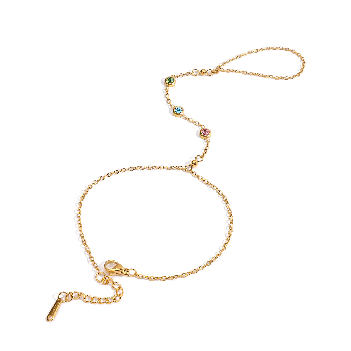 Catrina – Three-Layer Zircon Hand Chain & Finger Bracelet, 18K Gold Plated, Colorful Stones