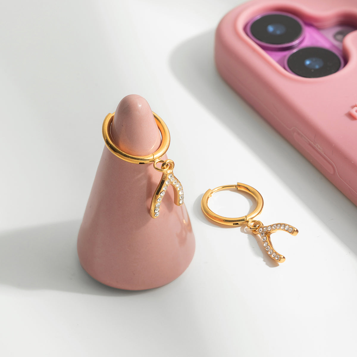 Calina – White Zircon Wishbone Pendant Earrings, 18K Gold Finish