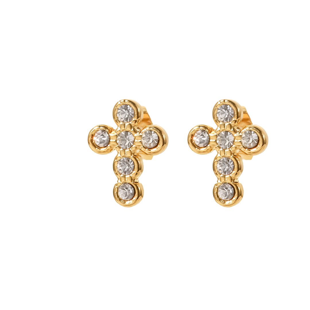 Catriona – White CZ Cross Stud Earrings, 18K Gold Finish