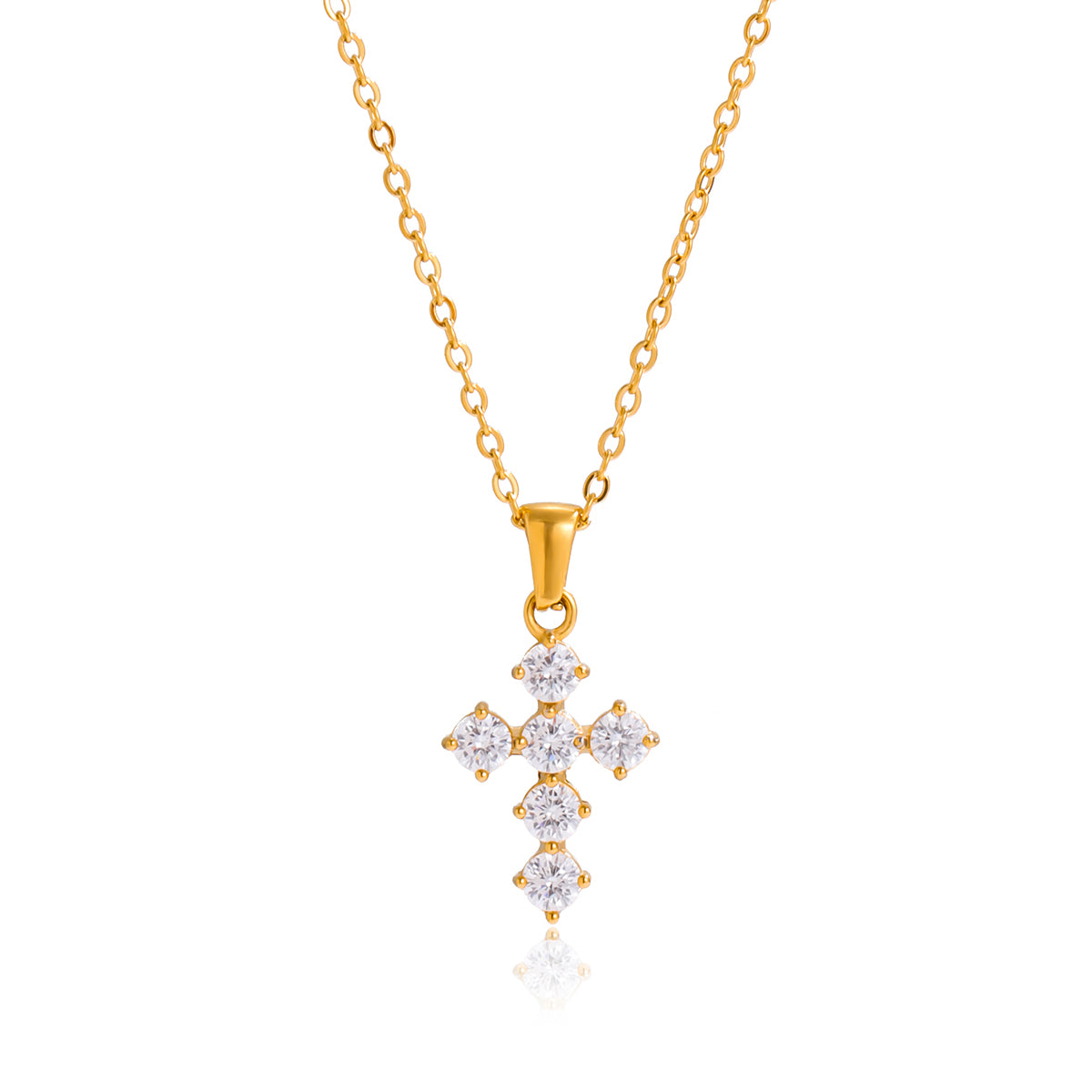 Celine – White CZ Cross Pendant Necklace, 18K Gold Finish