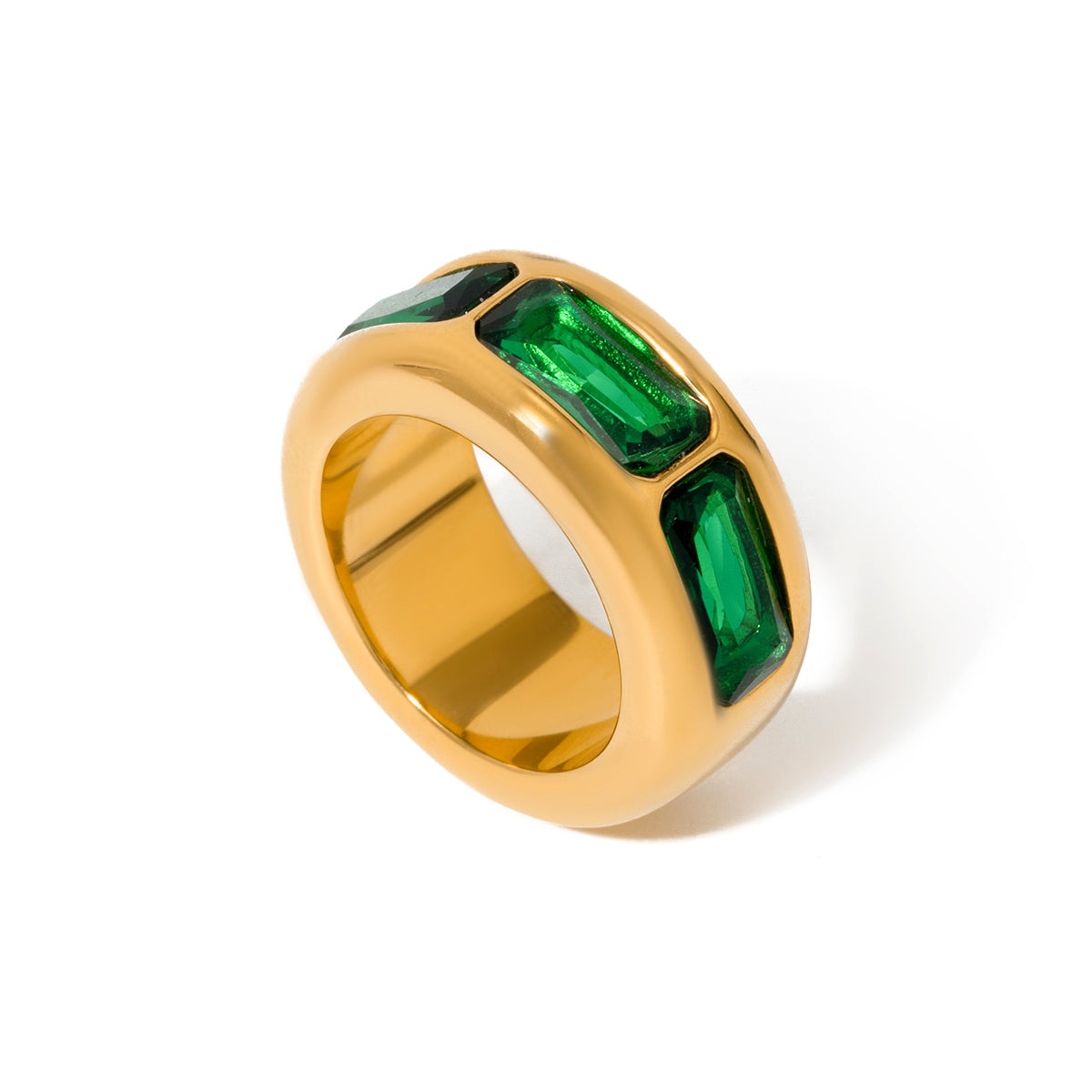 Cressida – Green Baguette CZ Ring, 18K Gold Finish