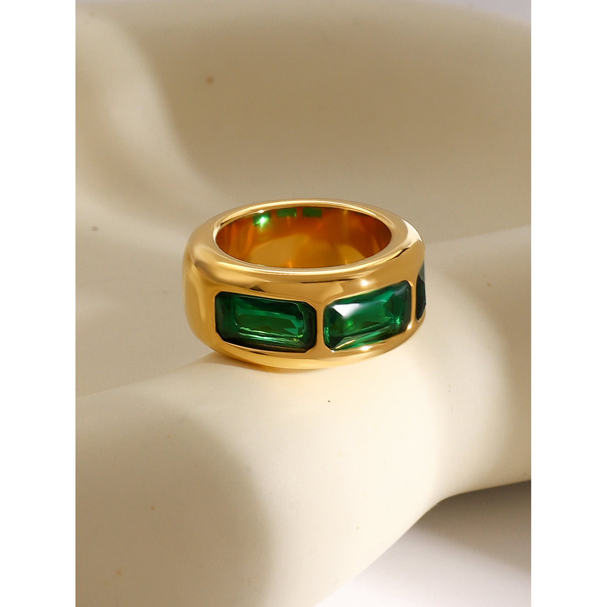 Cressida – Green Baguette CZ Ring, 18K Gold Finish